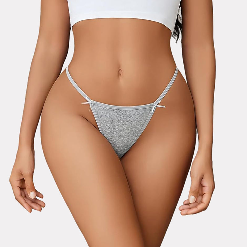 Grey cotton G-string thong with bow details, comfortable and sexy lingerie for women