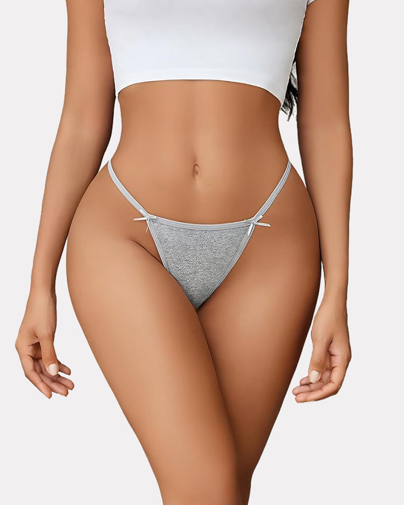 Grey cotton G-string thong with bow details, comfortable and sexy lingerie for women