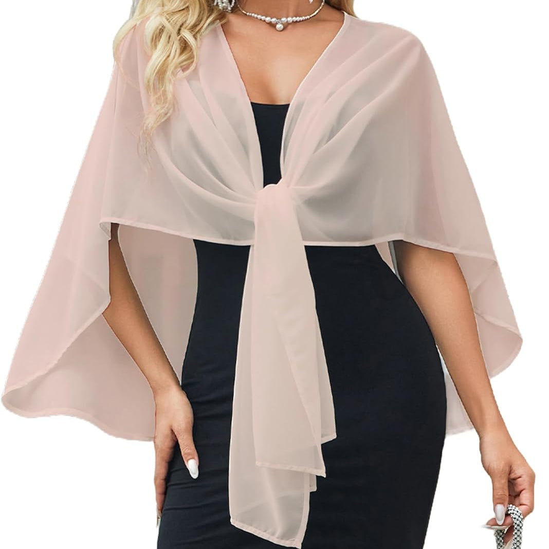Light pink sheer chiffon shawl wrap with knotted front and flowing draped sides