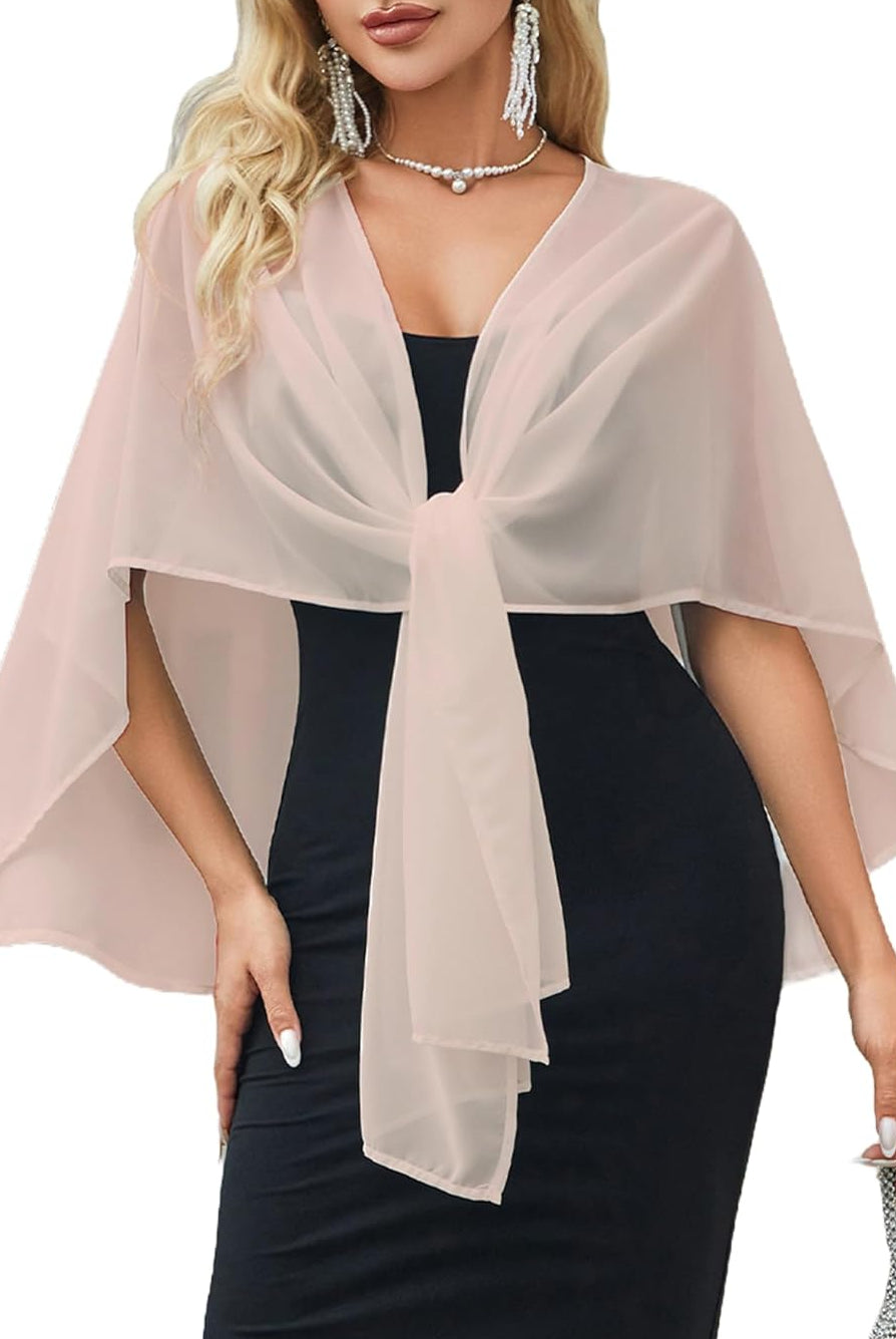 Light pink sheer chiffon shawl wrap with knotted front and flowing draped sides