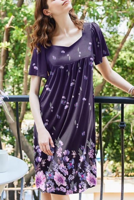Women’s pleated house dress, purple with pink and lavender floral print, short sleeves
