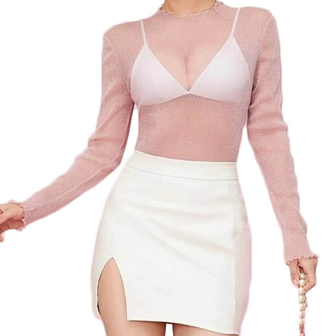 Pink Mesh Top Long Sleeve See Through Shirt with White Skirt, Night Out Outfit
