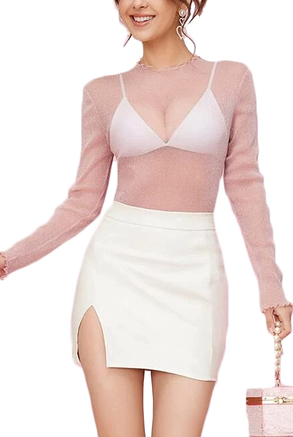 Pink Mesh Top Long Sleeve See Through Shirt with White Skirt, Night Out Outfit
