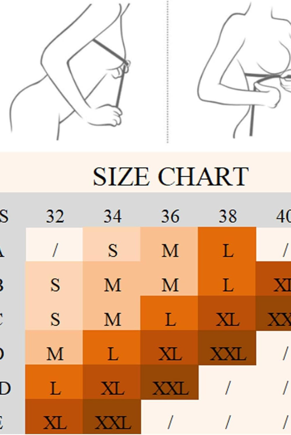 Avidlove Size Chart for Push-Up Wireless Bras: US sizes 32-40, bra sizes A-E. Find your perfect fit!