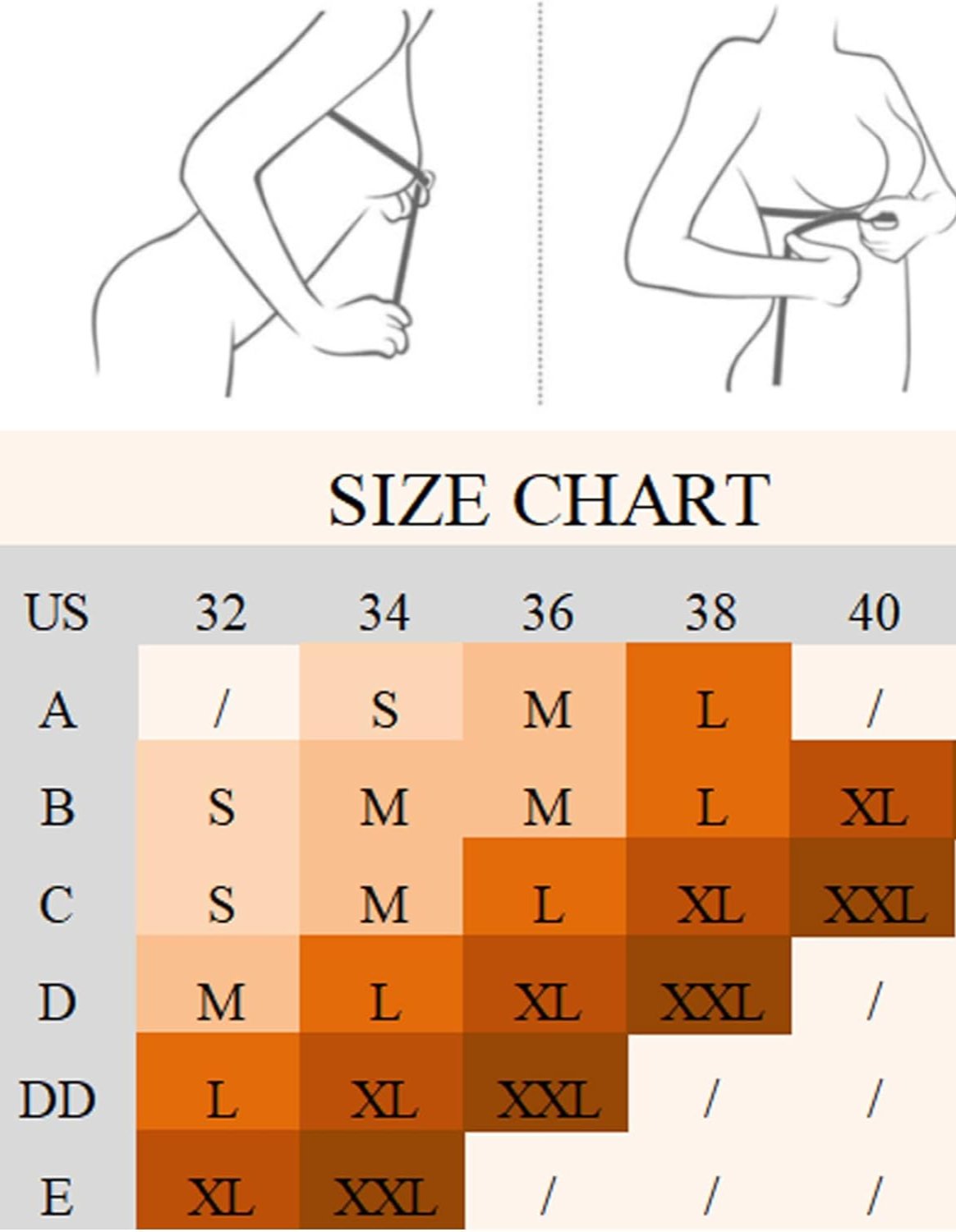 Avidlove Size Chart for Push-Up Wireless Bras: US sizes 32-40, bra sizes A-E. Find your perfect fit!