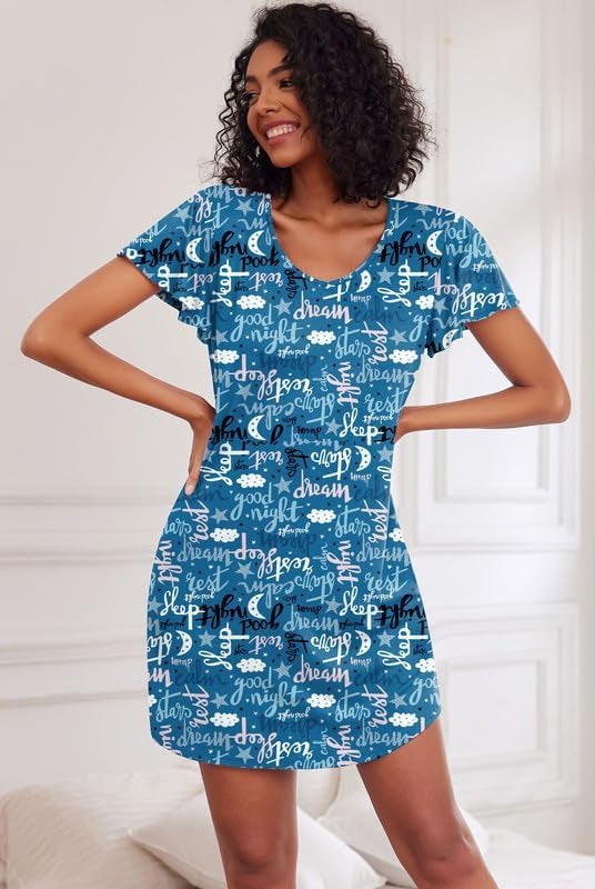 Women’s nightshirt dress in blue with white “dream” text pattern, short sleeves