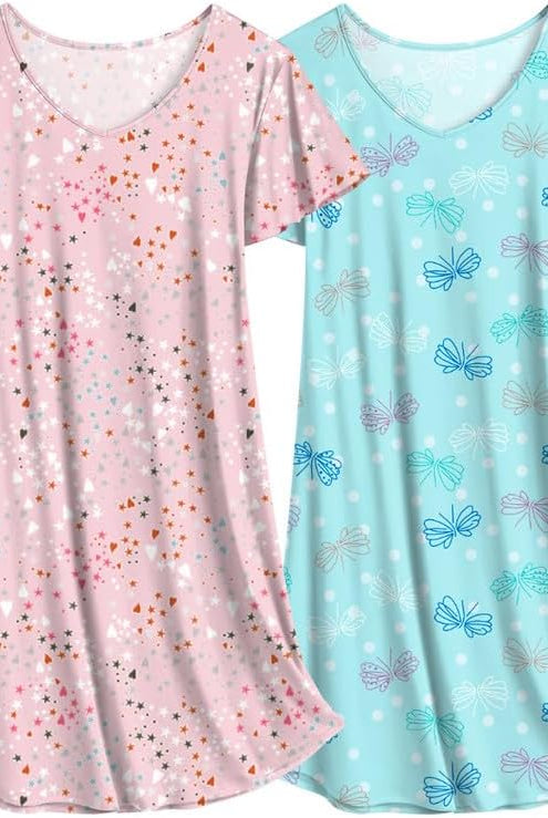 Two-pack nightshirt sleep dresses: pink star print and light blue butterfly print.