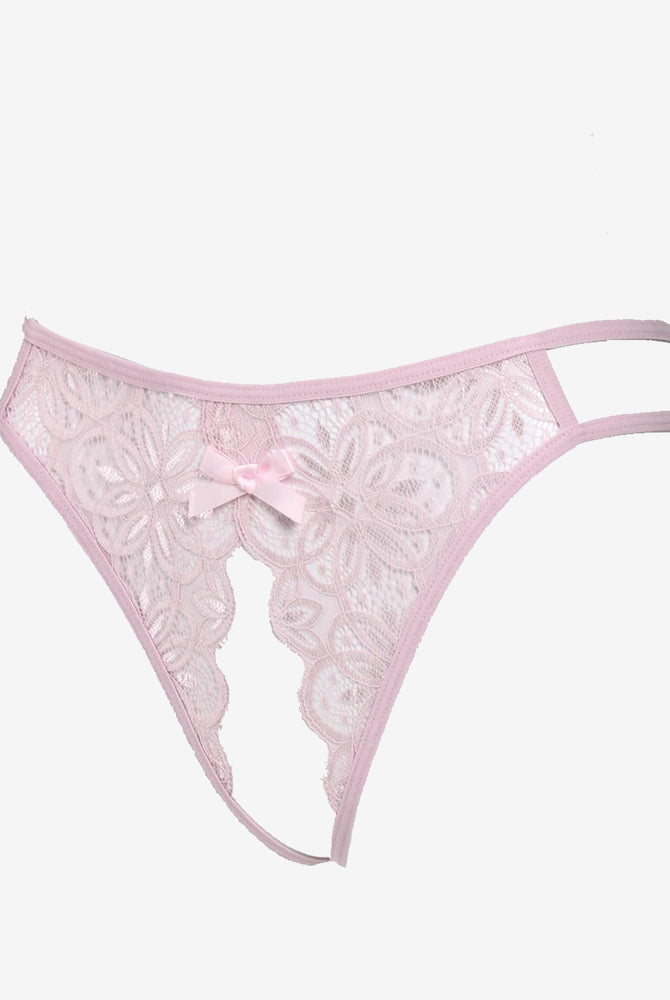 Pink floral lace briefs with bow detail. Sexy low-rise design. Avidlove lingerie.