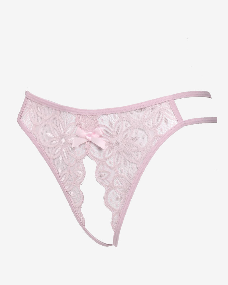 Pink floral lace briefs with bow detail. Sexy low-rise design. Avidlove lingerie.