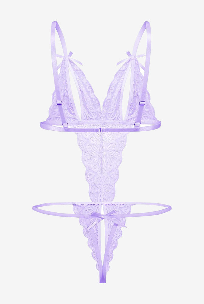 Purple lace open cup bodysuit, adjustable straps, backless crotchless design, Avidlove