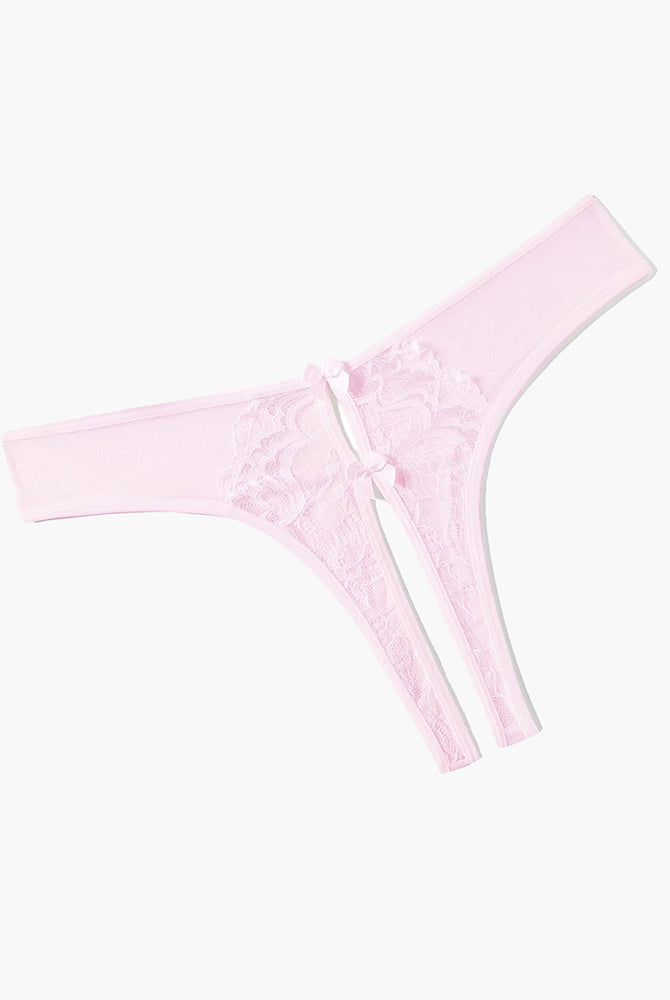 Light pink mesh panties briefs with lace and bow, unique crotch design, sexy lingerie