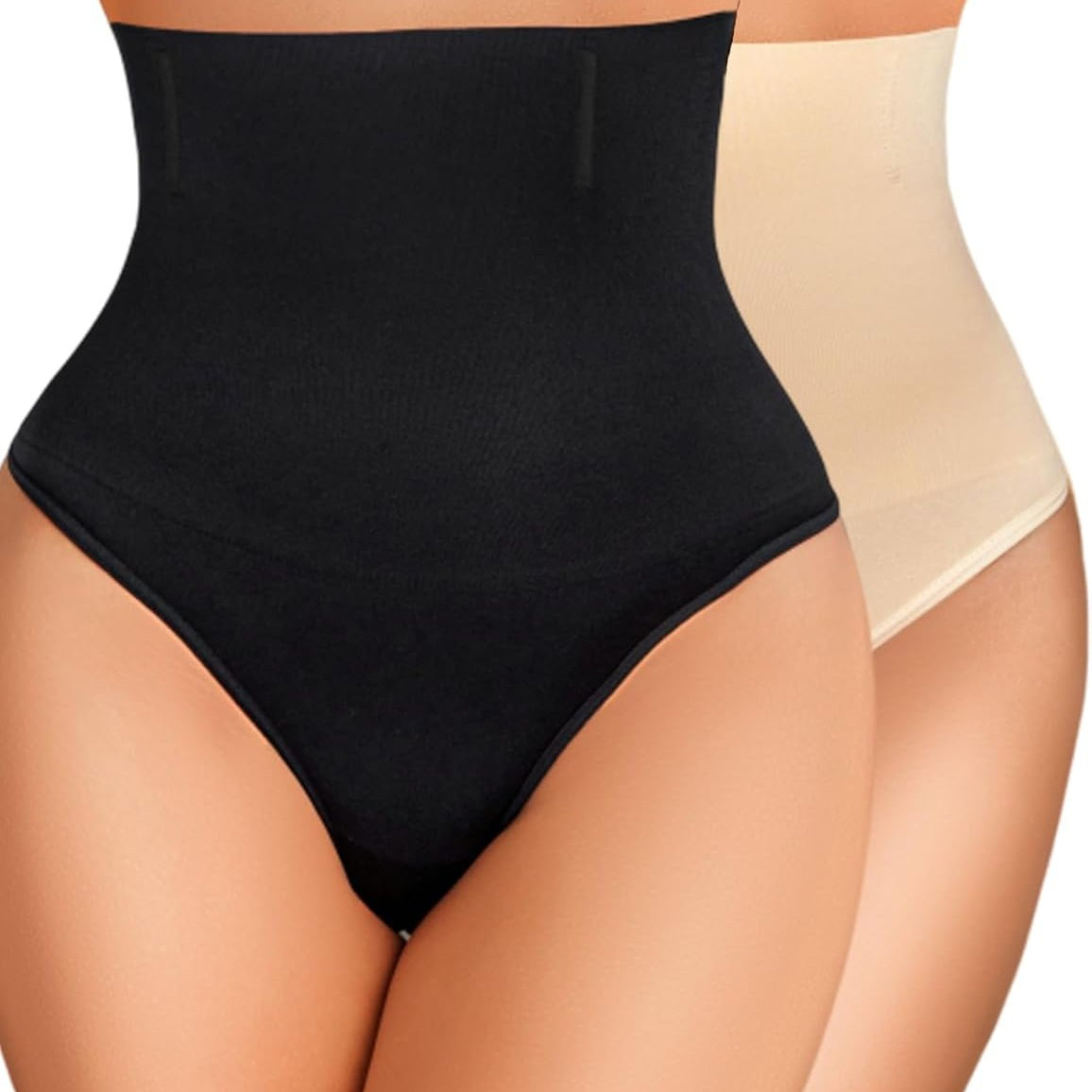 High-waisted tummy control thong shapewear in black and beige for a smooth silhouette