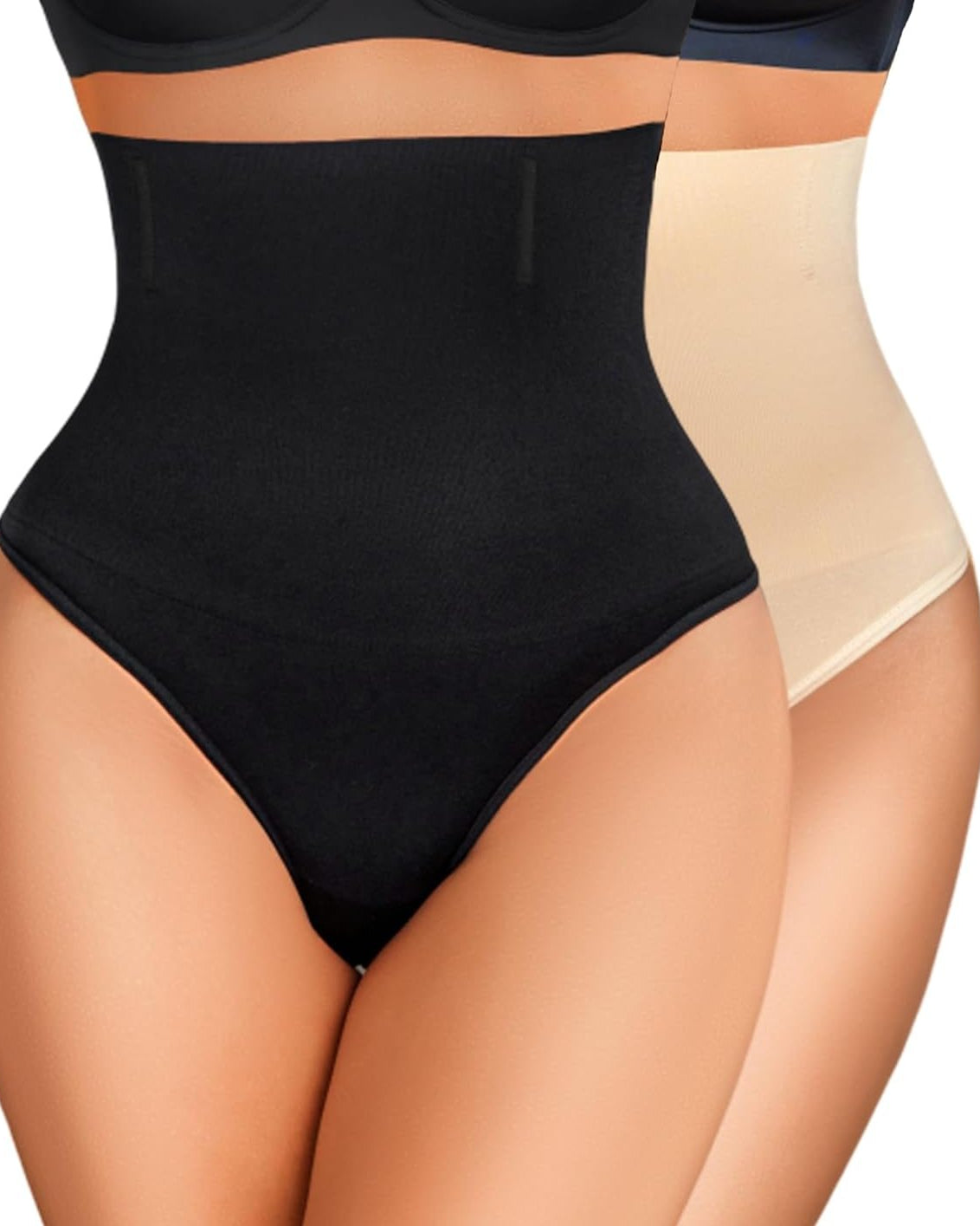 Tummy control thong shapewear, black high-waist brief with thong back