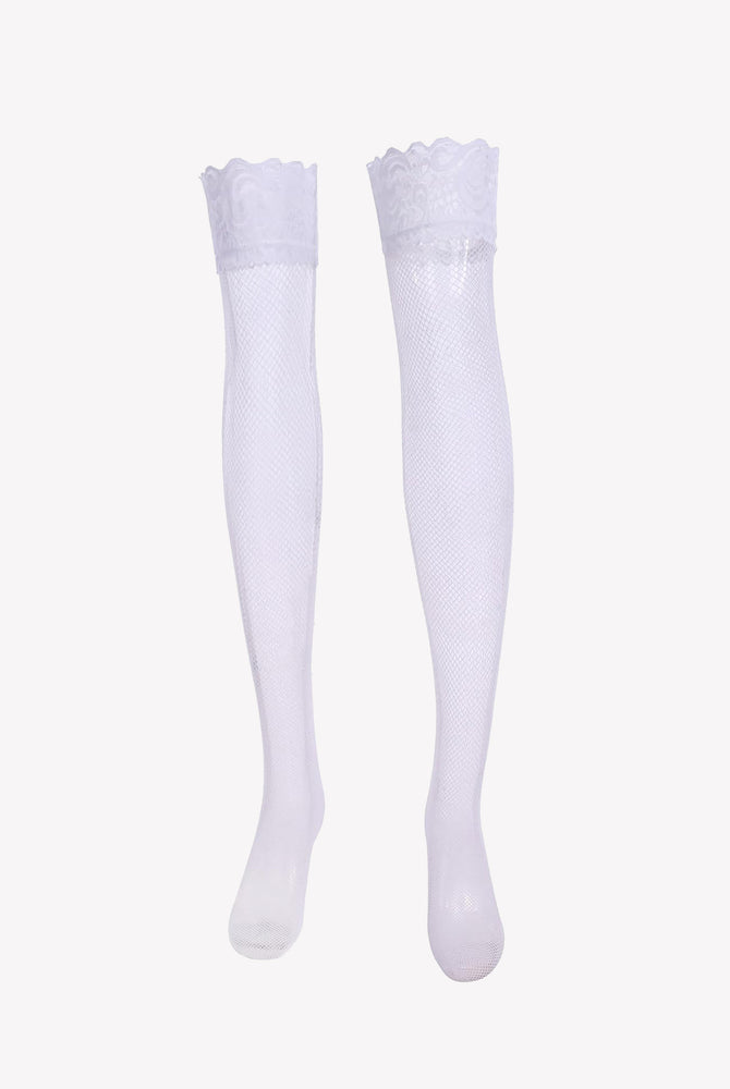White fishnet thigh-high stockings with lace trim, sheer and sexy lingerie for women