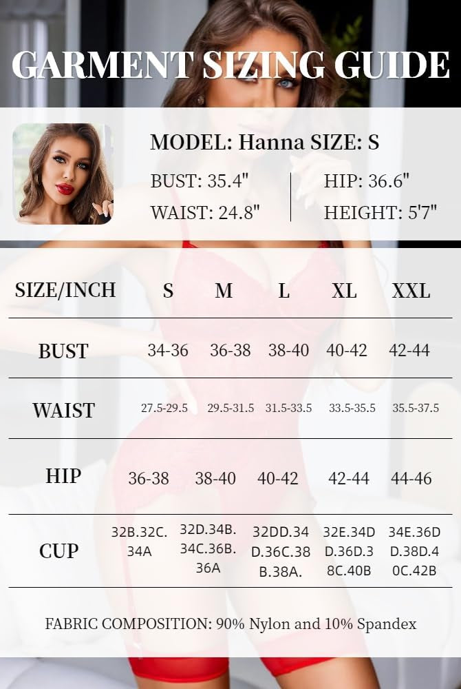 Lace bodysuit size guide: model measurements, size chart, and fabric composition
