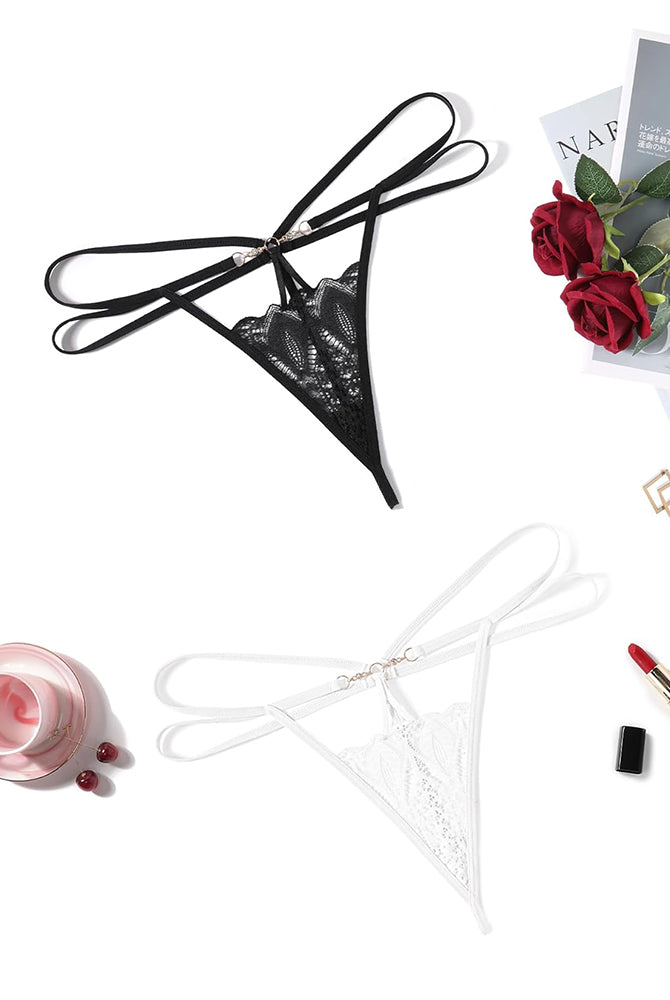 Black and White Floral Lace Briefs Hollow Out Thong Panties with gold chain details