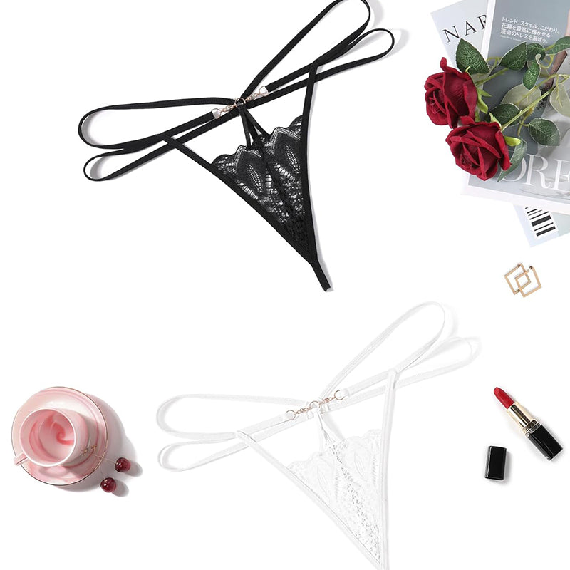 Black and White Floral Lace Briefs Hollow Out Thong Panties with gold chain details