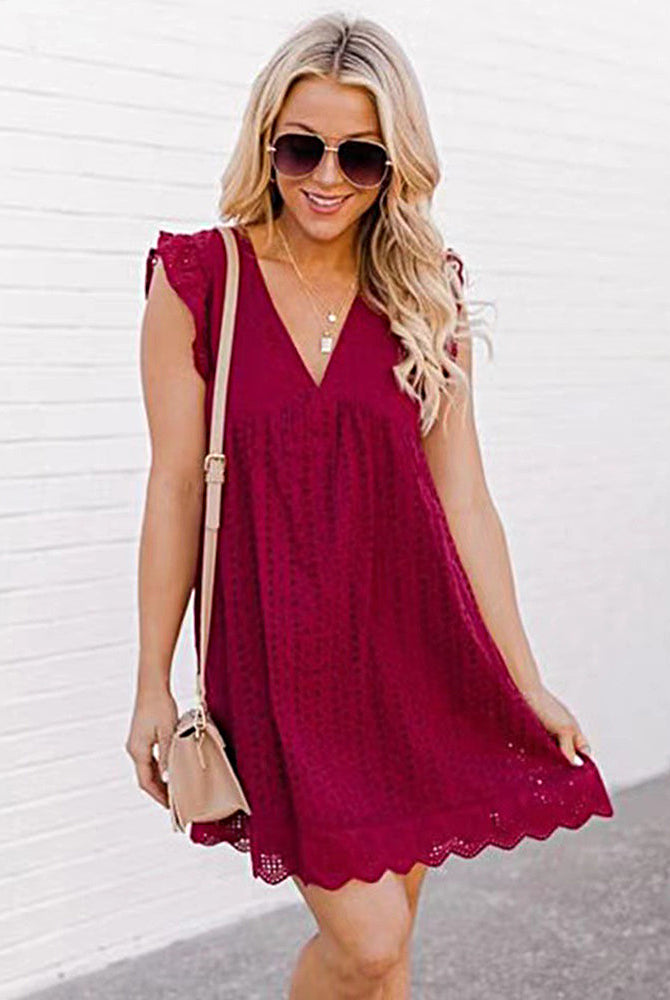 Burgundy lace dress with pockets, V-neck, short sleeves, scalloped hem. Casual summer dress.