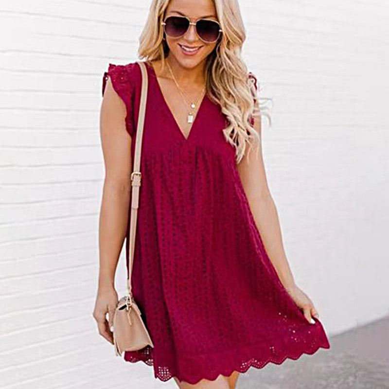 Burgundy lace dress with pockets, V-neck, short sleeves, scalloped hem. Casual summer dress.