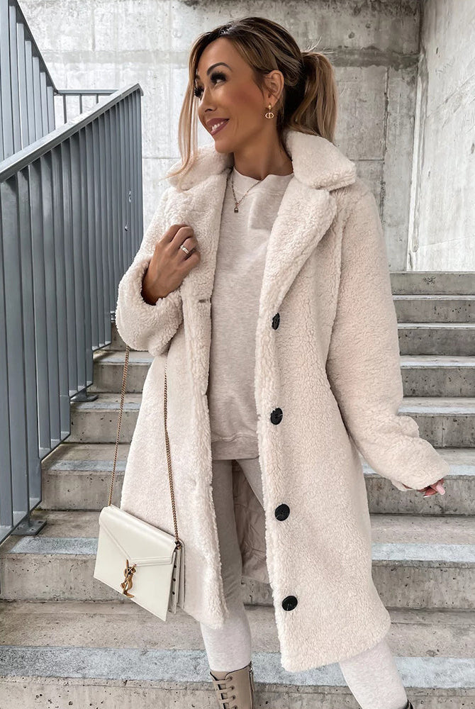Cream plush faux fur coat, longline design, button detail, casual wear