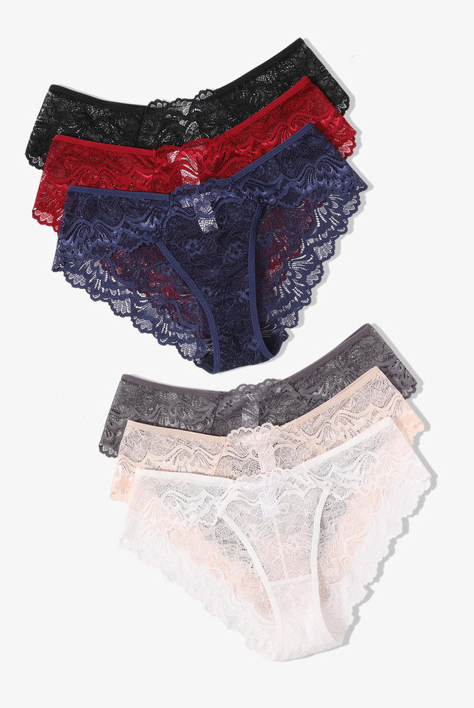 Lace Hipster Panties: low-rise, floral lace, available in black, red, navy, gray, peach and white.