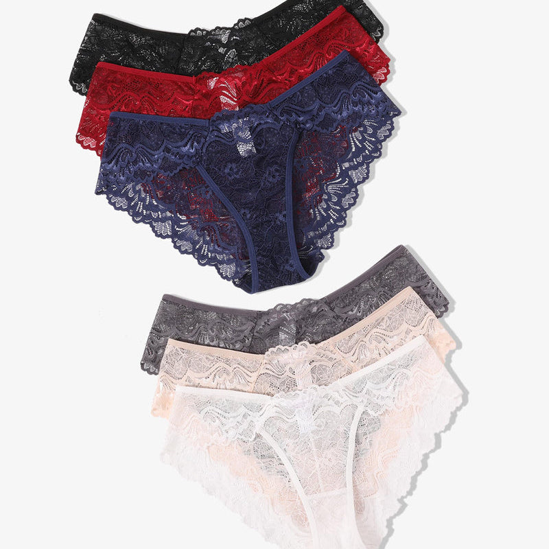 Lace Hipster Panties: low-rise, floral lace, available in black, red, navy, gray, peach and white.