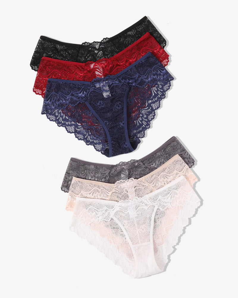 Lace Hipster Panties: low-rise, floral lace, available in black, red, navy, gray, peach and white.