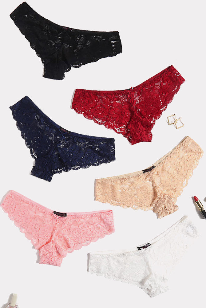 Floral lace hipster panties in black, red, navy, beige, pink, white. Sheer, colorful lingerie.
