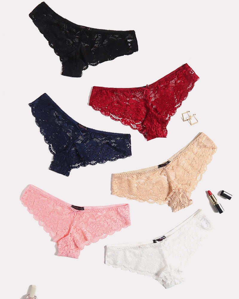 Floral lace hipster panties in black, red, navy, beige, pink, white. Sheer, colorful lingerie.