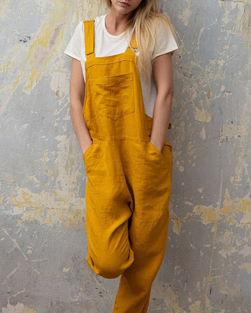 Mustard yellow linen cotton overall romper jumpsuit, casual fit, front pocket, adjustable straps