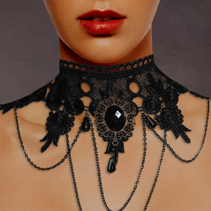 Black lace choker necklace with a central black gemstone and chain details, gothic style.