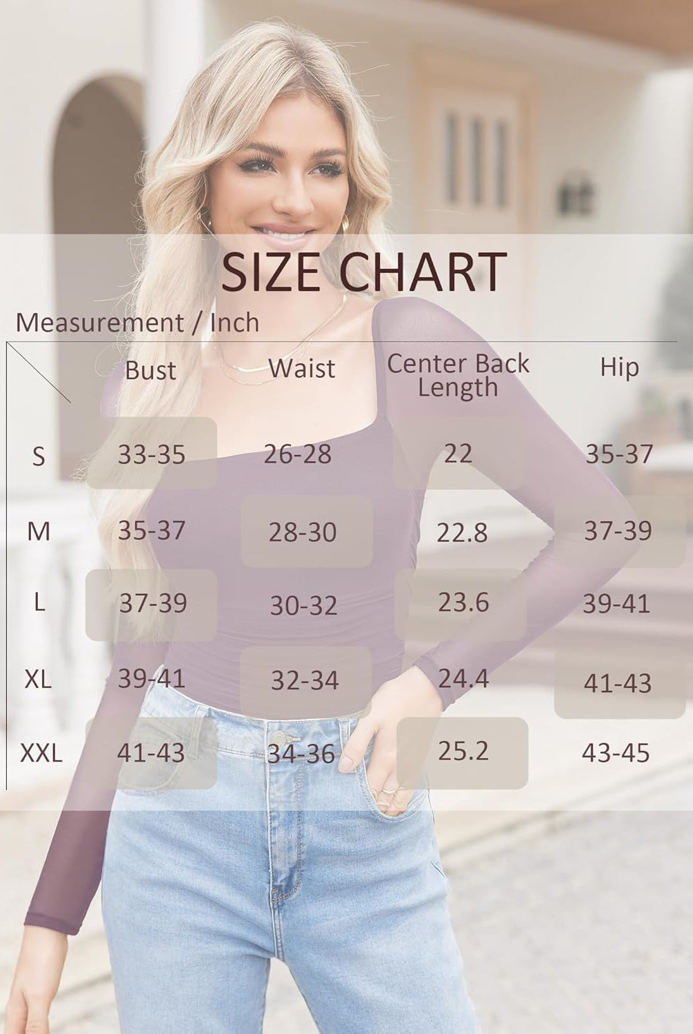 Square neck mesh bodysuit with size chart; bust, waist, hip measurements.