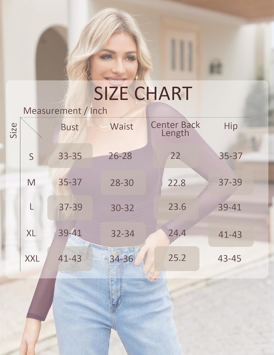 Square neck mesh bodysuit with size chart; bust, waist, hip measurements.