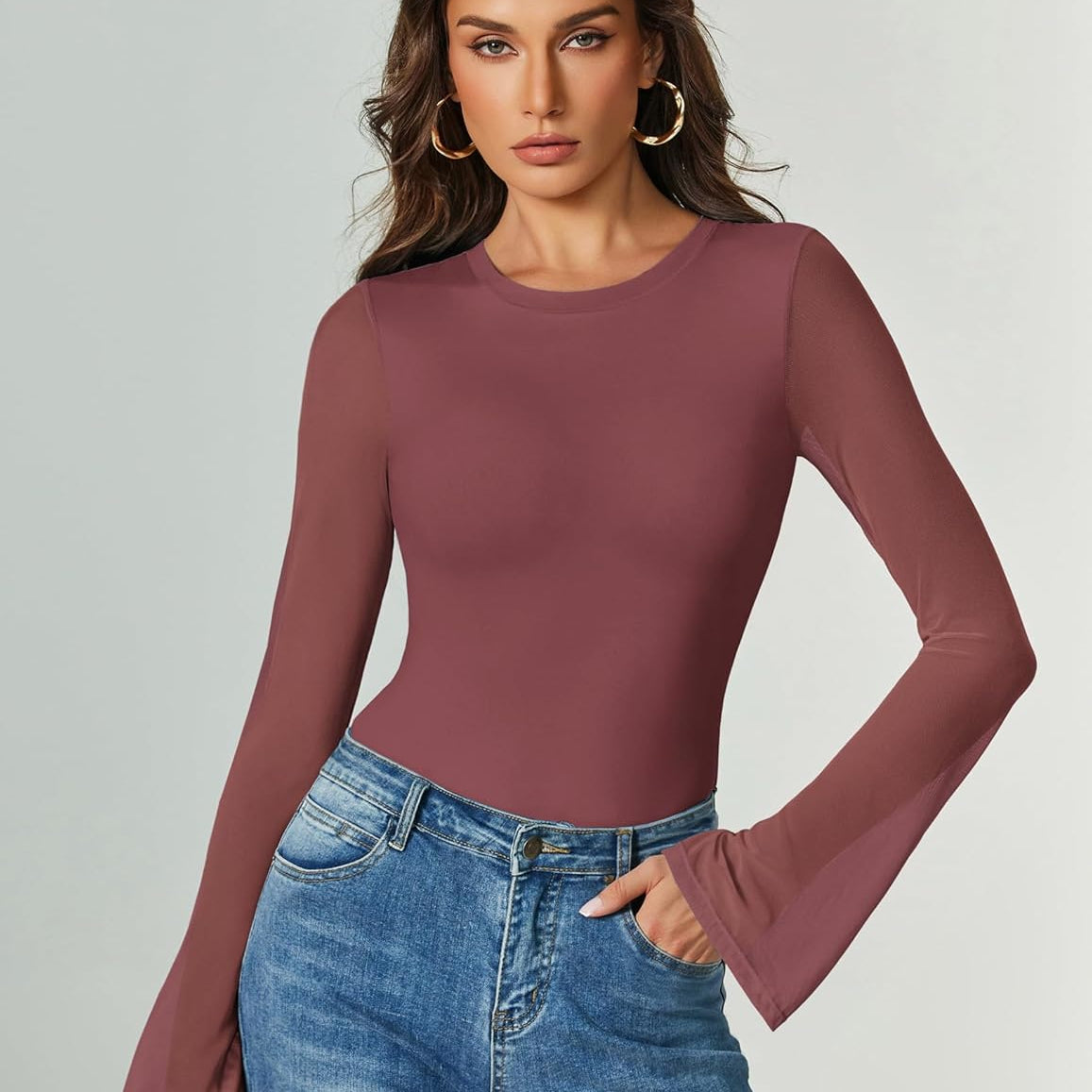 Bell Long Sleeve Bodysuits Mesh Leotard Tops