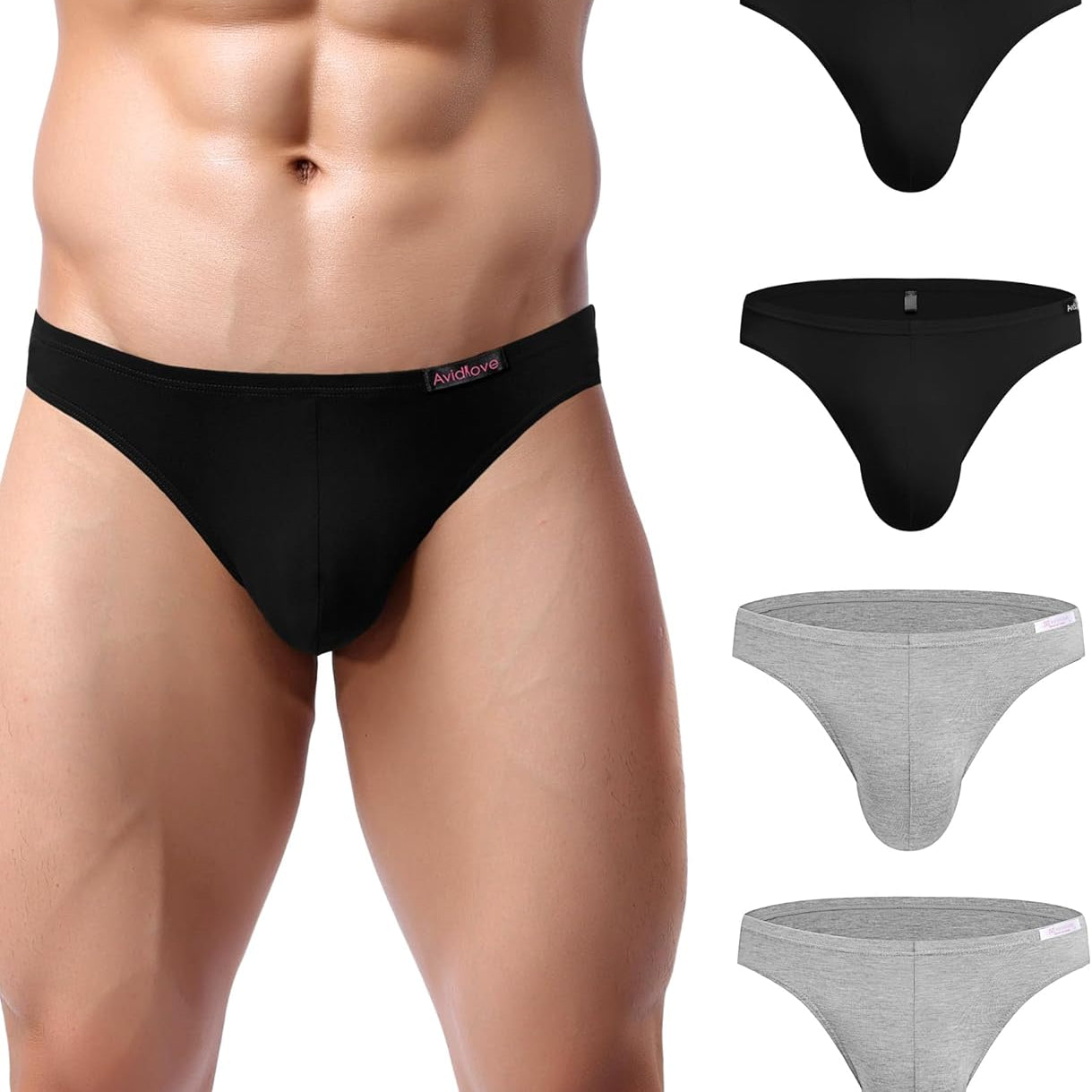 Men's low-rise hip briefs, black and gray