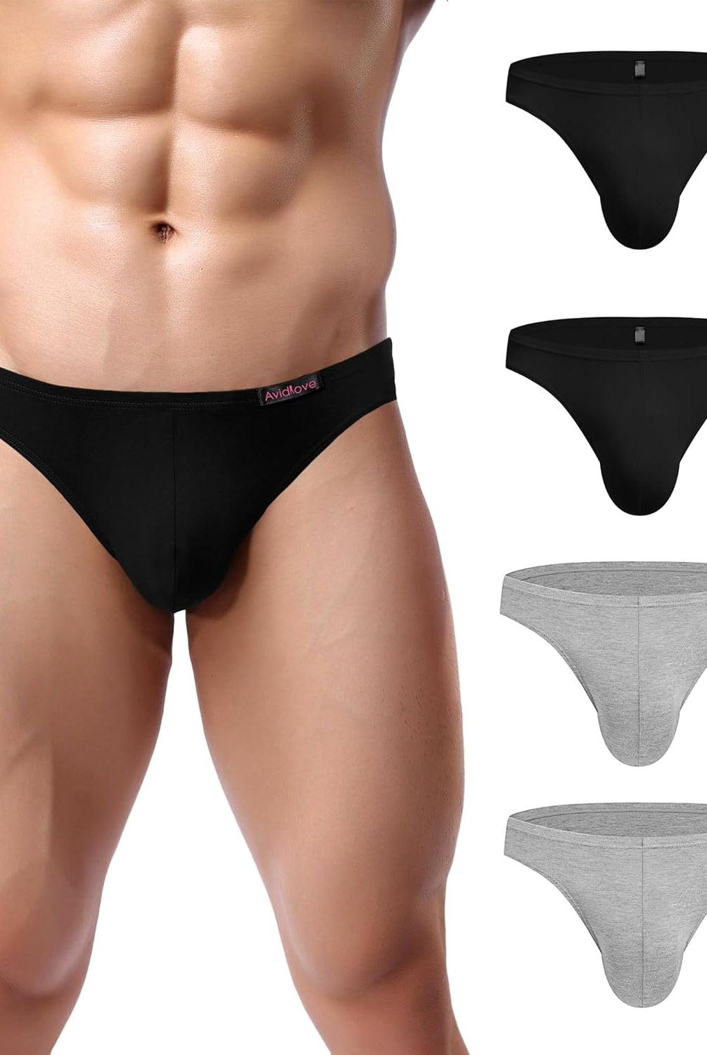 Men's low-rise hip briefs, black and gray