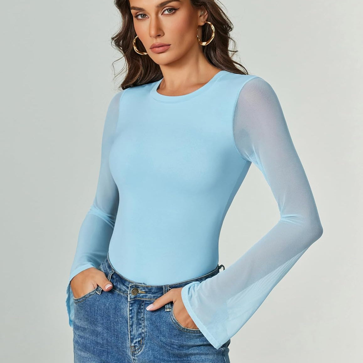 Bell Long Sleeve Bodysuits Mesh Leotard Tops