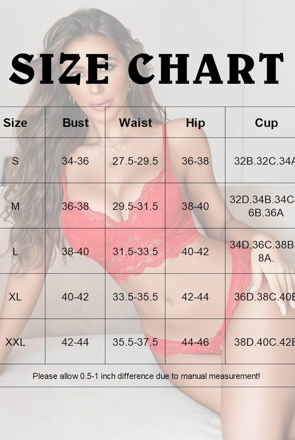 Size chart for red floral lace V-neck bra and panty sets, bust, waist, hip, and cup sizes, S-XXL