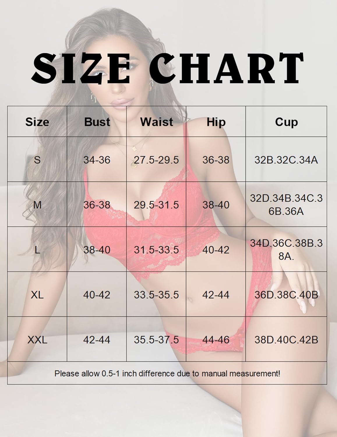 Size chart for red floral lace V-neck bra and panty sets, bust, waist, hip, and cup sizes, S-XXL