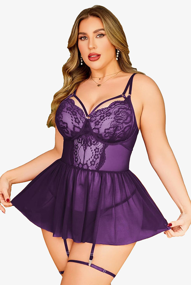 Plus Size Purple Lace Babydoll Lingerie Set with Garter Belt and Adjustable Straps