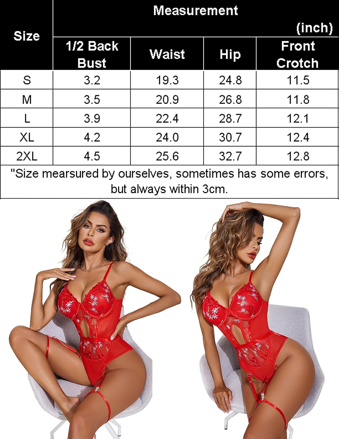 Avidlove red lace bodysuit with garter belt, measurement chart. Sexy lingerie.