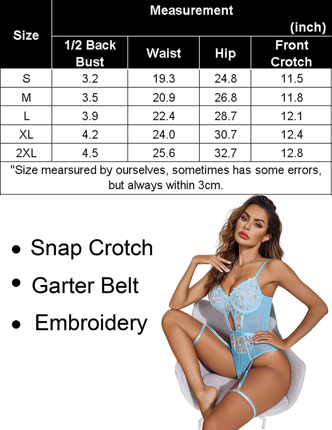 Avidlove light blue floral lace bodysuit with garter belt, embroidery, and snap crotch.