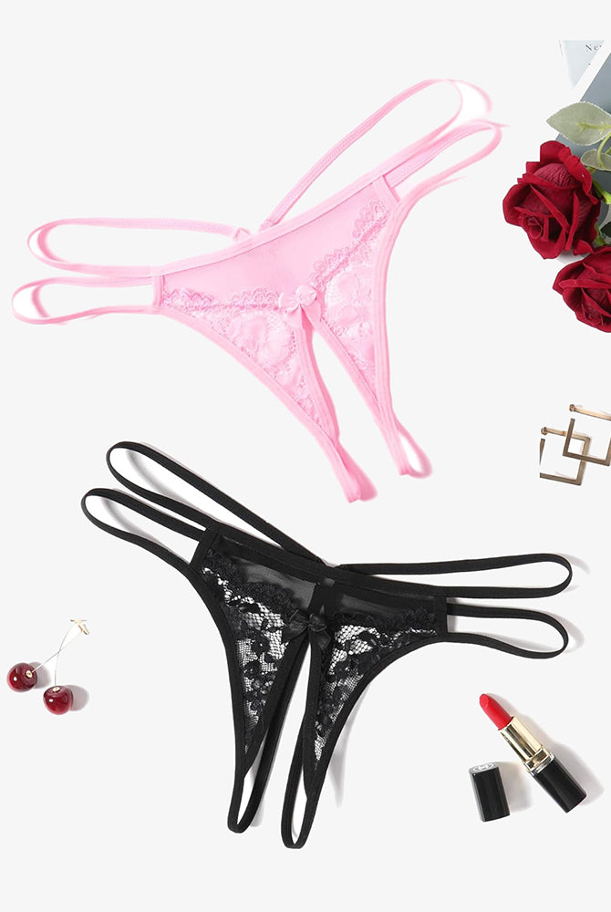Pink and black floral lace G-string panties, sexy lingerie with open design and bow detail