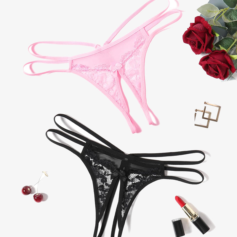 Pink and black floral lace G-string panties, sexy lingerie with open design and bow detail