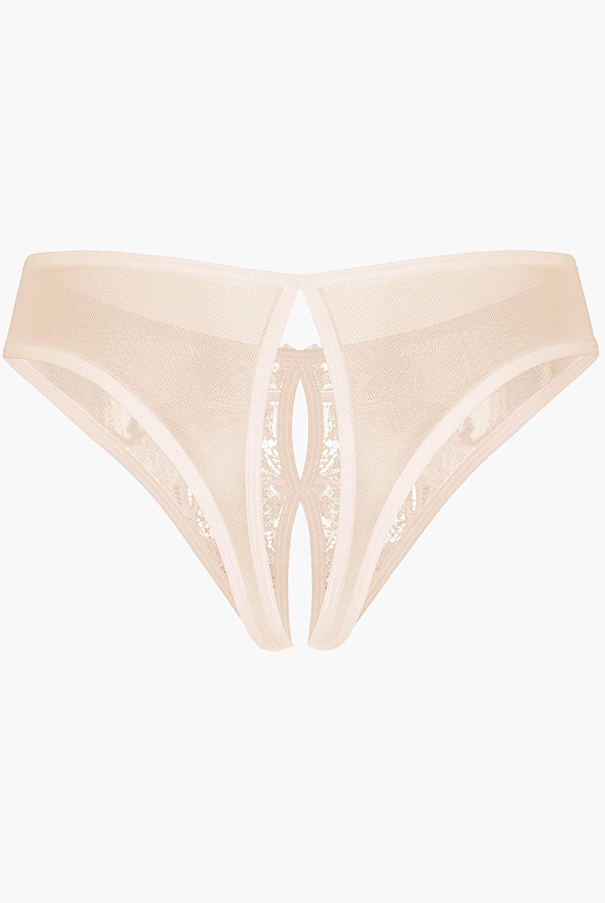 Beige mesh panties briefs with open crotch design and lace details - Sexy lingerie