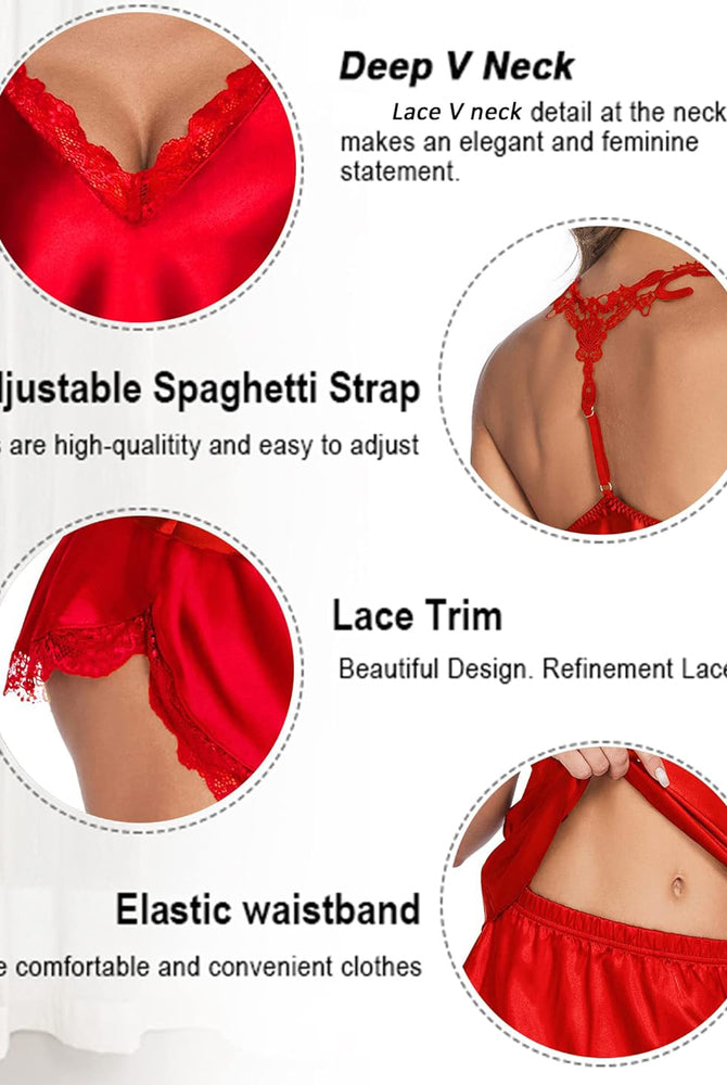 Red satin pajamas set with lace trim, V-neck design, adjustable straps, and elastic waist.