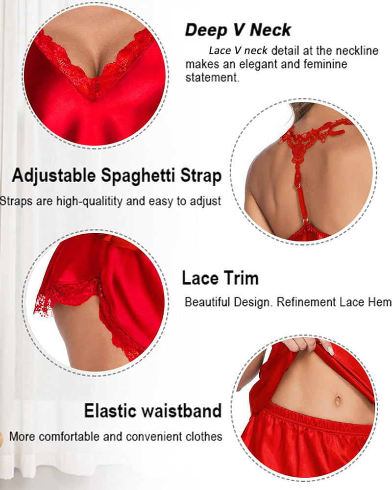 Red satin pajamas set with lace trim, V-neck design, adjustable straps, and elastic waist.