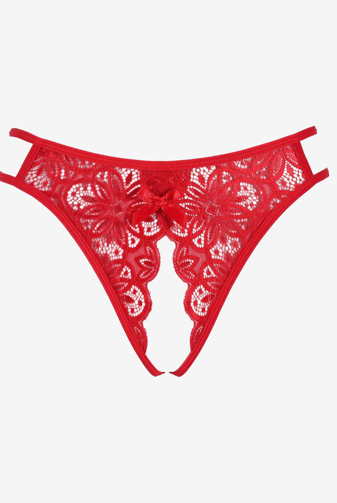 Red floral lace briefs with bow detail. Sexy low-rise thong design. Avidlove lingerie.