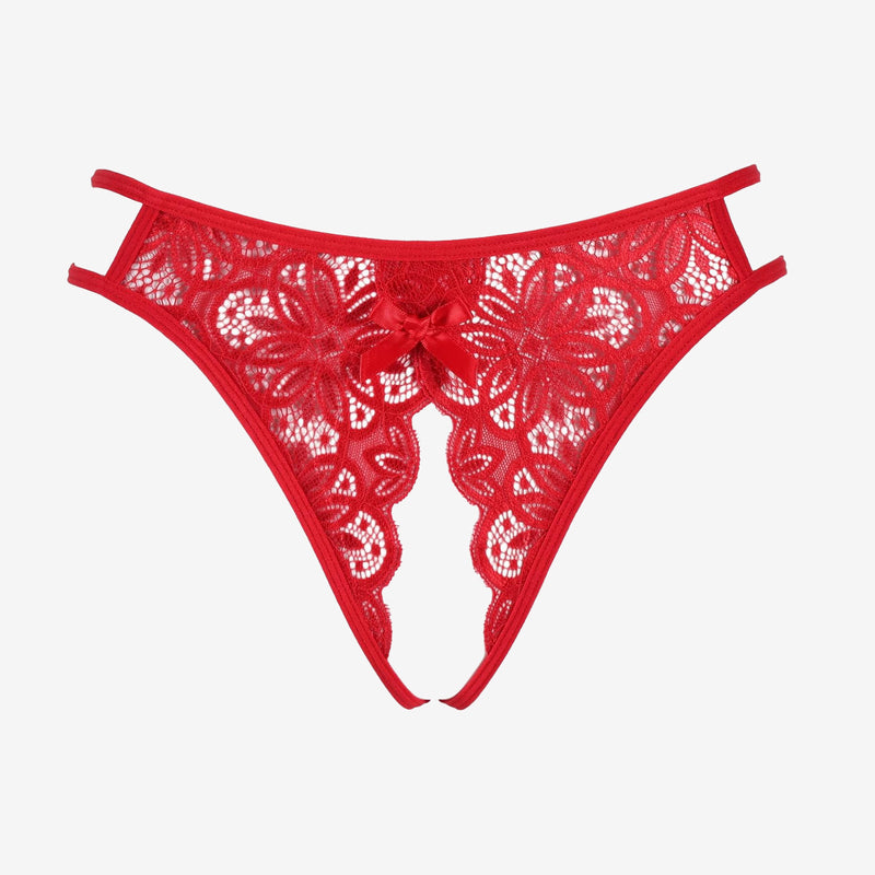 Red lace floral thong briefs with center bow, semi-sheer cutwork and scalloped trim.