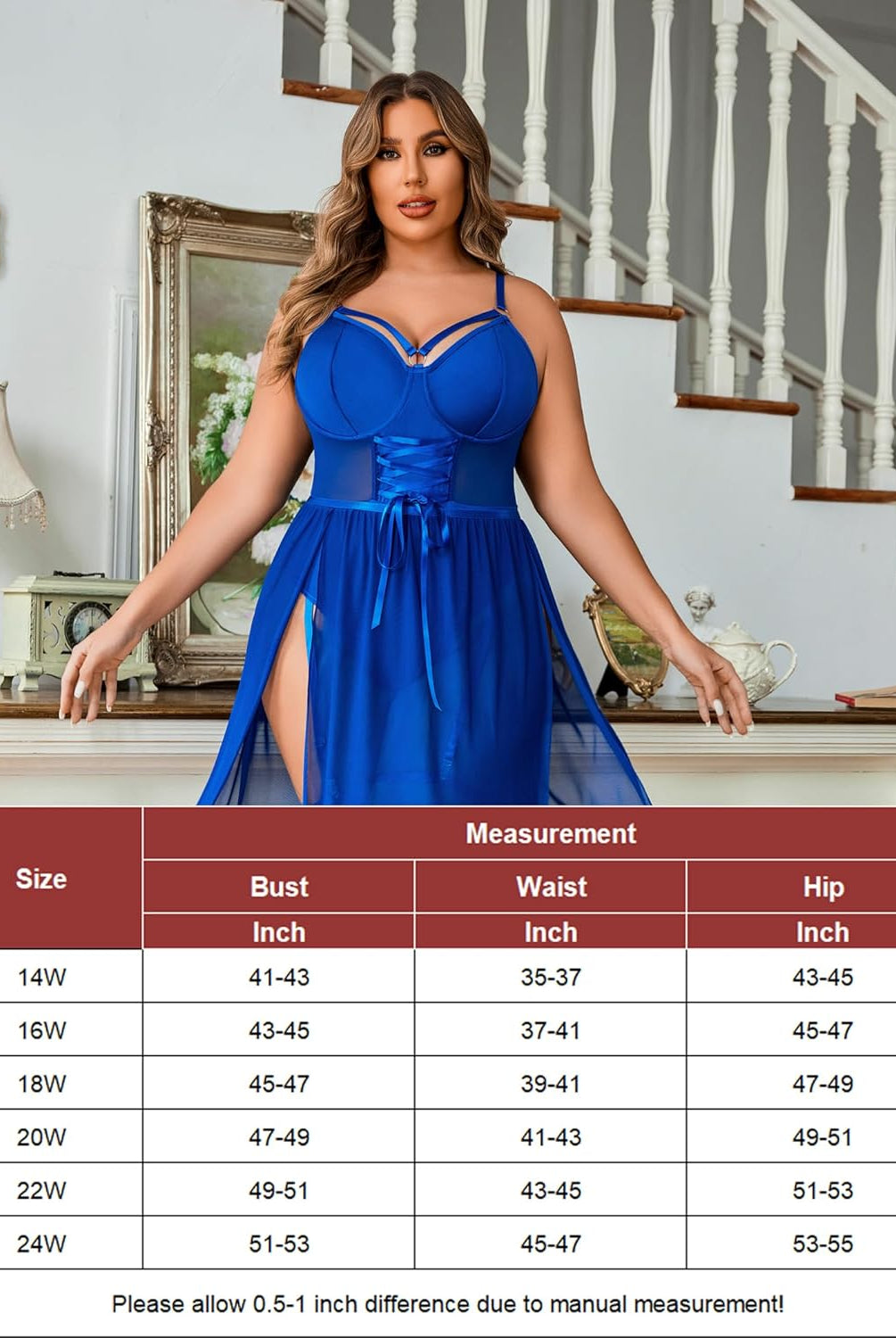 Plus size blue lingerie bodysuit with high slit dress and size chart. Sexy and confident design.